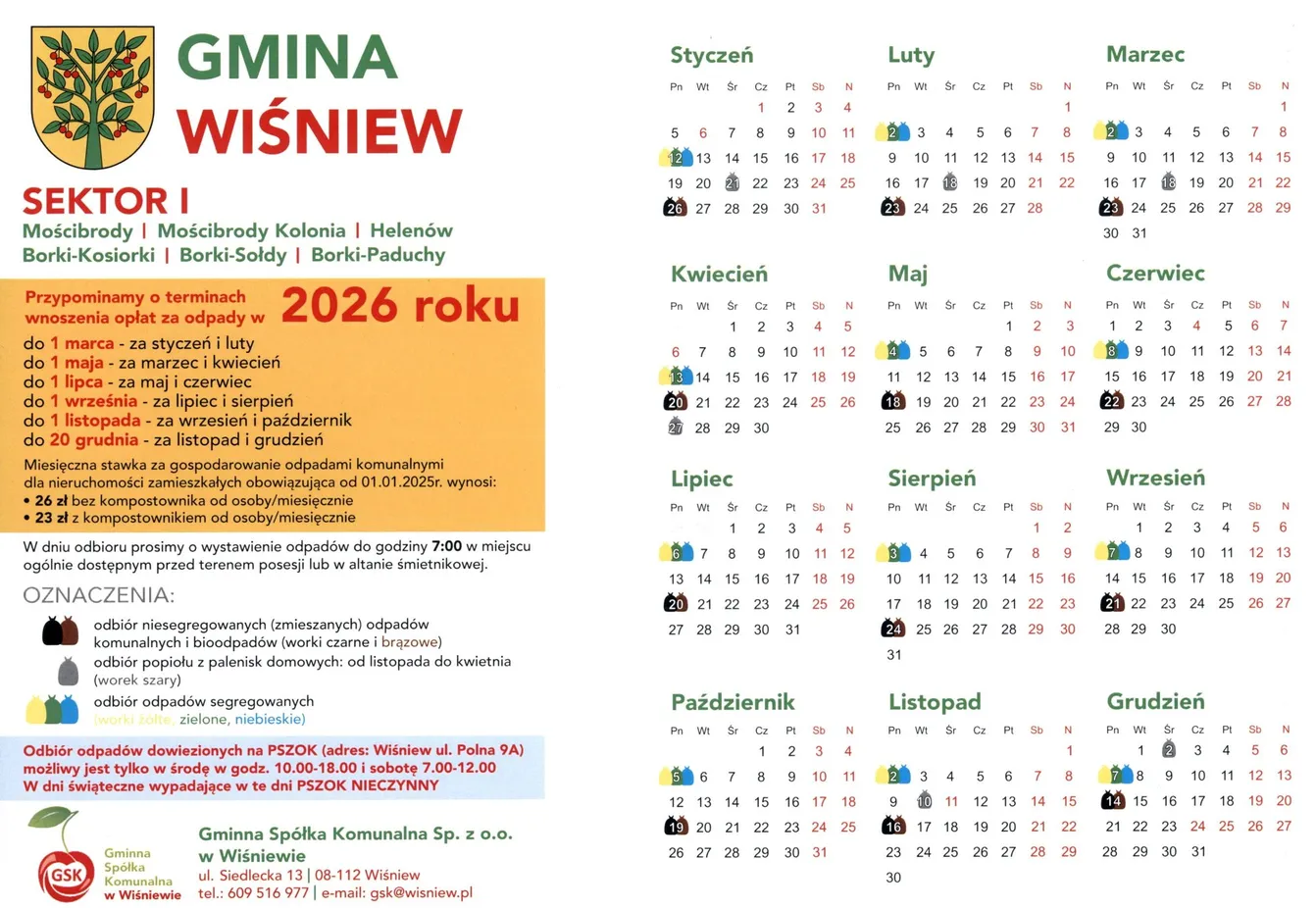 The scanned Wiśniew schedule: a legend on the left and twelve month calendars on the right