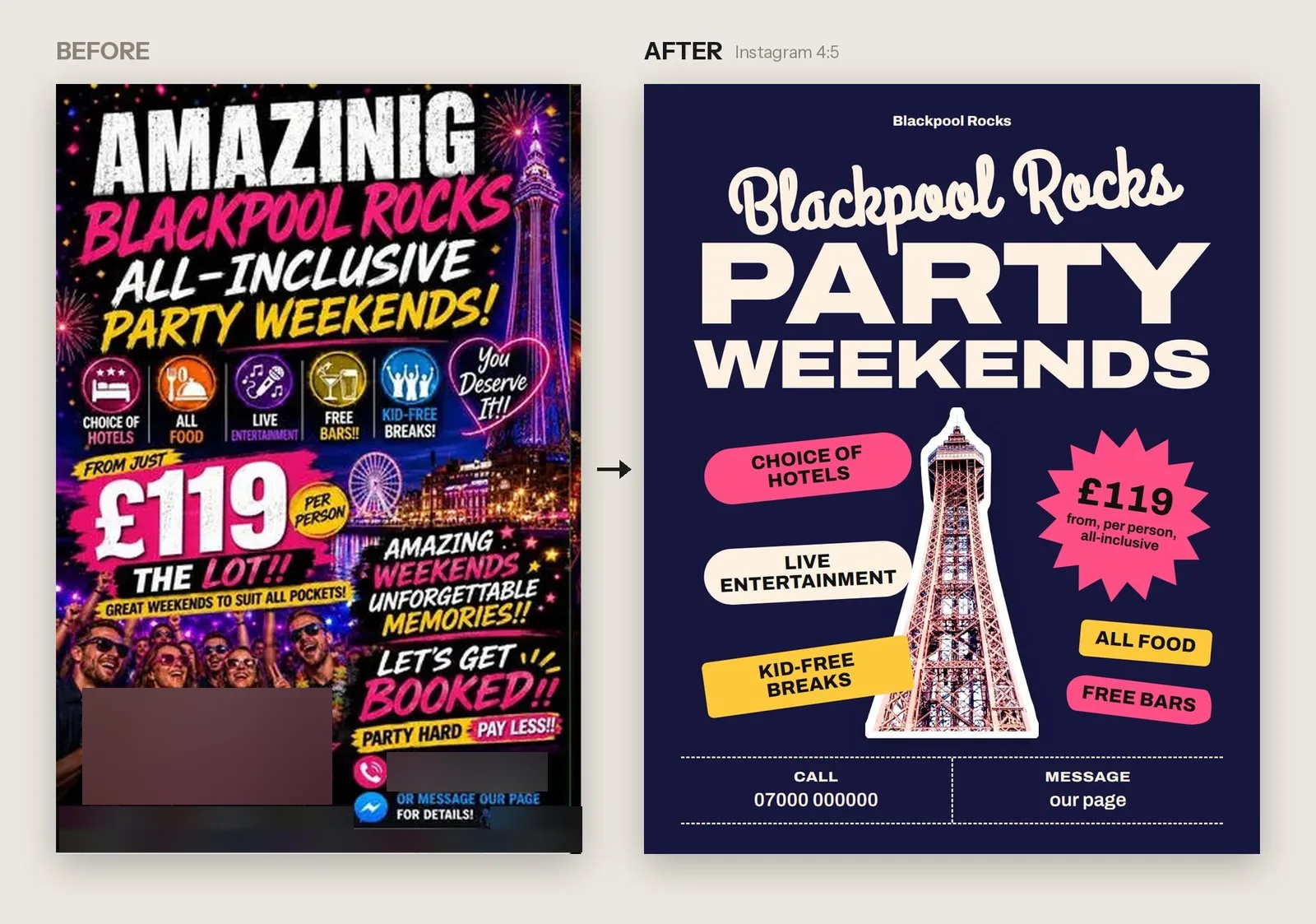 Blackpool Rocks party weekends: the AI-generated original and the Instagram post made with the tool