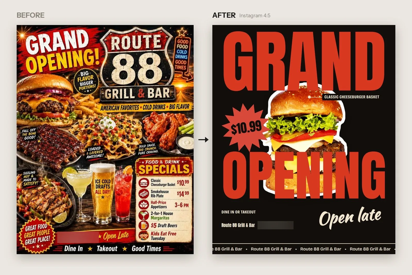 Route 88 Grill and Bar, a grand opening flyer: the AI-generated original and the Instagram post made with the tool