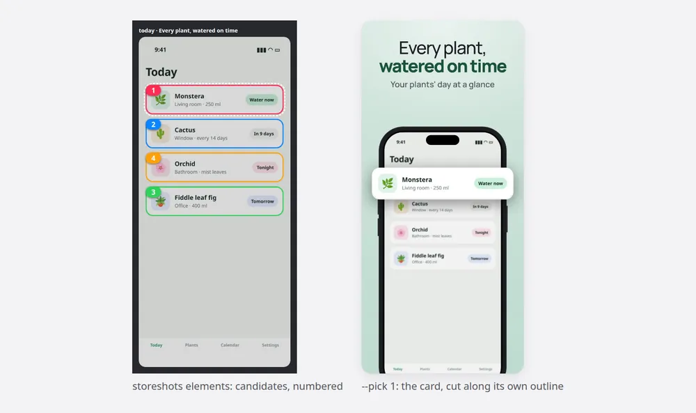 Numbered pop-out candidates on one screen, and the slide made from the pick